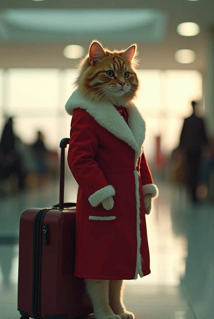 35mm lens,Multiple angles,漂亮的Cat,cute,Sexy,Personification,Back,side,silhouette,Overhead shot,Cat,Standing,doll,Airline stewardess,Trolley case,,AIRPORT,Airline stewardess, cloak,Ruan Jia,,Work clothes,tie, (Delicate face), (Fine fluffy fur),(35mm Cinema Lens),(Multi-angle shooting),(many viewing angles)