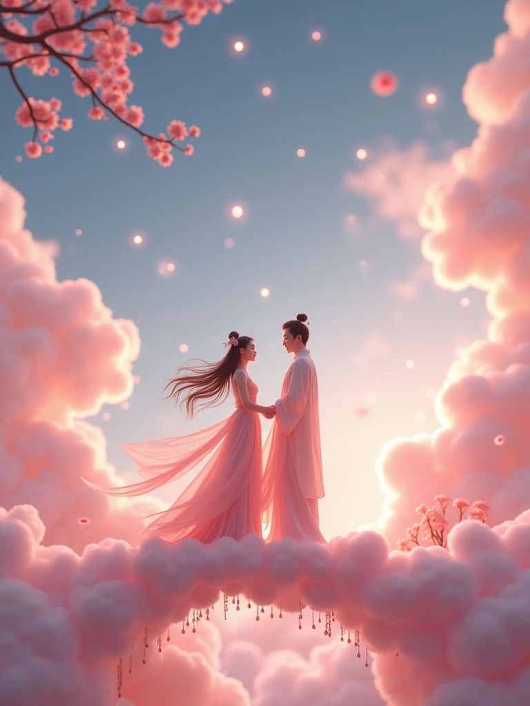 Miniature Landscape, Miniature Models,Fantasy Garden,Aesthetic healing,Rural scenery,Beautiful and poetic,((The top of the screen says "Love each other",Romantic Chinese Valentine's Day)),In a vast 3D universe,A man and a woman in Hanfu stand on a magpie bridge made of soft pink clouds。These clouds are fluffy and soft,As if just plucked from the sky,Each flower has a delicate texture and slight elasticity.。The edge of the magpie bridge is still hung with strings of glittering pearl-like dewdrops.,About to drip。The starry sky around,Stars are not the usual sharp points of light,But each one is round and full、A ball of light woven from soft threads of light,Exudes a soft and warm glow,Like freshly baked marshmallows。The clothes worn by the Cowherd and the Weaver Girl are made of silk that is as light as mist.,When the wind blows,The folds of silk flow naturally like water ripples,The edges of the clothing are inlaid with fluffy white down.,Adds a bit of warmth and romance。Their hair is not a rigid line.,But a strand of silky soft、Slightly curly filaments,As if I could feel the gentle breeze,Studio Lighting,3D, Realistic lighting,Beautiful light,Edge Glow,Volumetric Light,Rim Light,Bioluminescence,Perfect composition,Masterpiece,8k