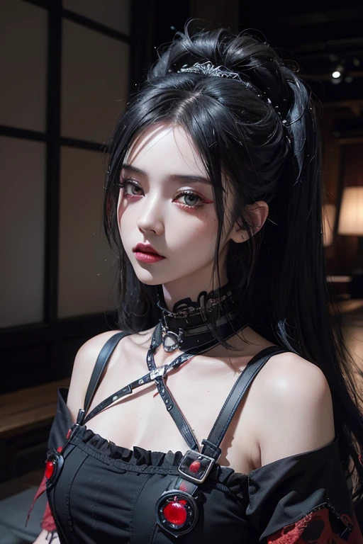 Highest quality、、masterpiece:1.3、Gothic Punk、Red inside、Gray Black Hair、hair ornaments、beautiful girl、creative、Punk Shirt、Neogoth、Goth Fashion:1.2、High resolution、masterpiece、Highest quality、頭w:1.3、((Hasselblad Photos))、Fine skin、Sharp focus、(Cinema Lighting)、Explore Tokyo'The night city beyond the neon lights, Forehead open, 29-year-old、Petting'Hair back、Shoulder Bare、Small red rose tattoo on the décolletage