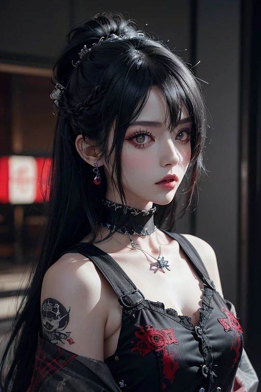 Highest quality、、masterpiece：1.3、Gothic Punk、Red inside、Gray Black Hair、hair ornaments、beautiful girl、creative、Punk Shirt、Neogoth、Goth Fashion：1.2、High resolution、masterpiece、Highest quality、頭w:1.3、((Hasselblad Photos))、Fine skin、Sharp focus、(Cinema Lighting)、Explore Tokyo&#39;The night city beyond the neon lights, Forehead open, 29-year-old、Petting&#39;Hair back、Shoulder Bare、Small red rose tattoo on the décolletage