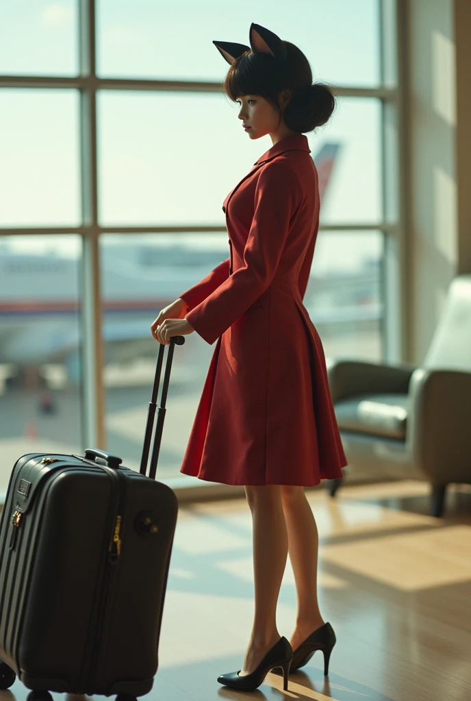 35mm lens,Multiple angles,full-body shot,漂亮的Cat,cute,Sexy,Personification,Back,side,silhouette,Overhead shot,Cat,Standing,doll,Airline stewardess,Trolley case,,AIRPORT,Boeing 747 background,Airline stewardess, cloak,Ruan Jia,,Work clothes,tie, full-body shot,(Delicate face), (Fine fluffy fur),(35mm Cinema Lens),(Multi-angle shooting),(many viewing angles)