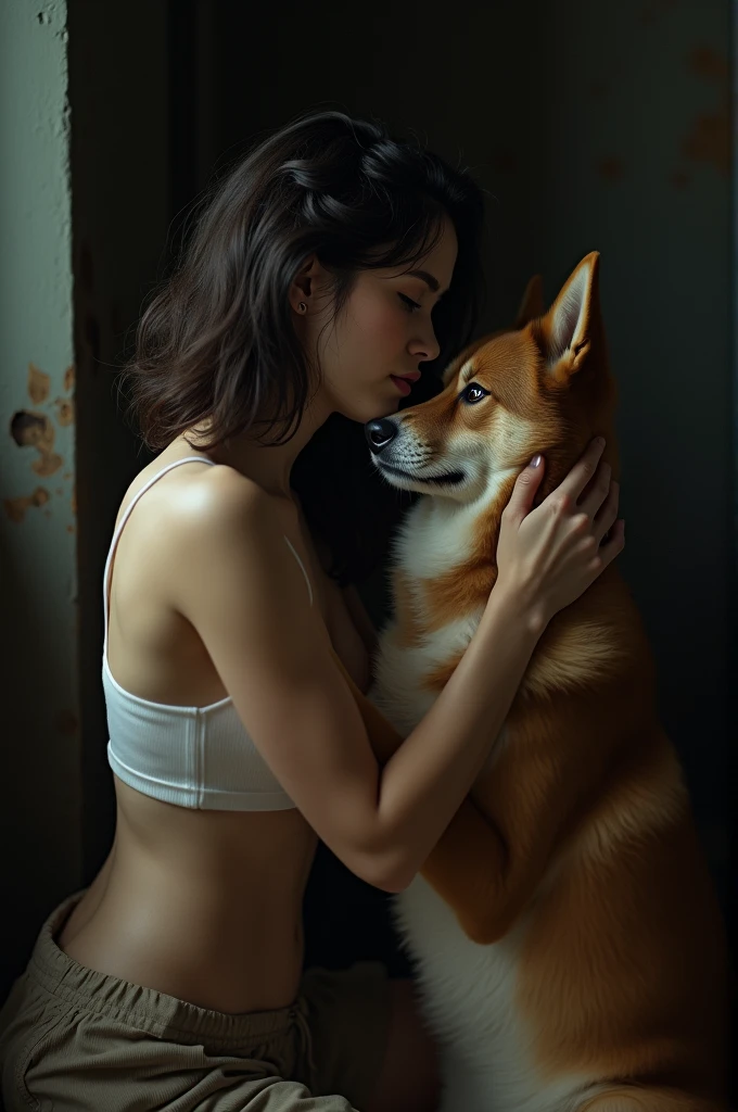 Create for me a woman having sex with a dog, she naked with her vagina open 