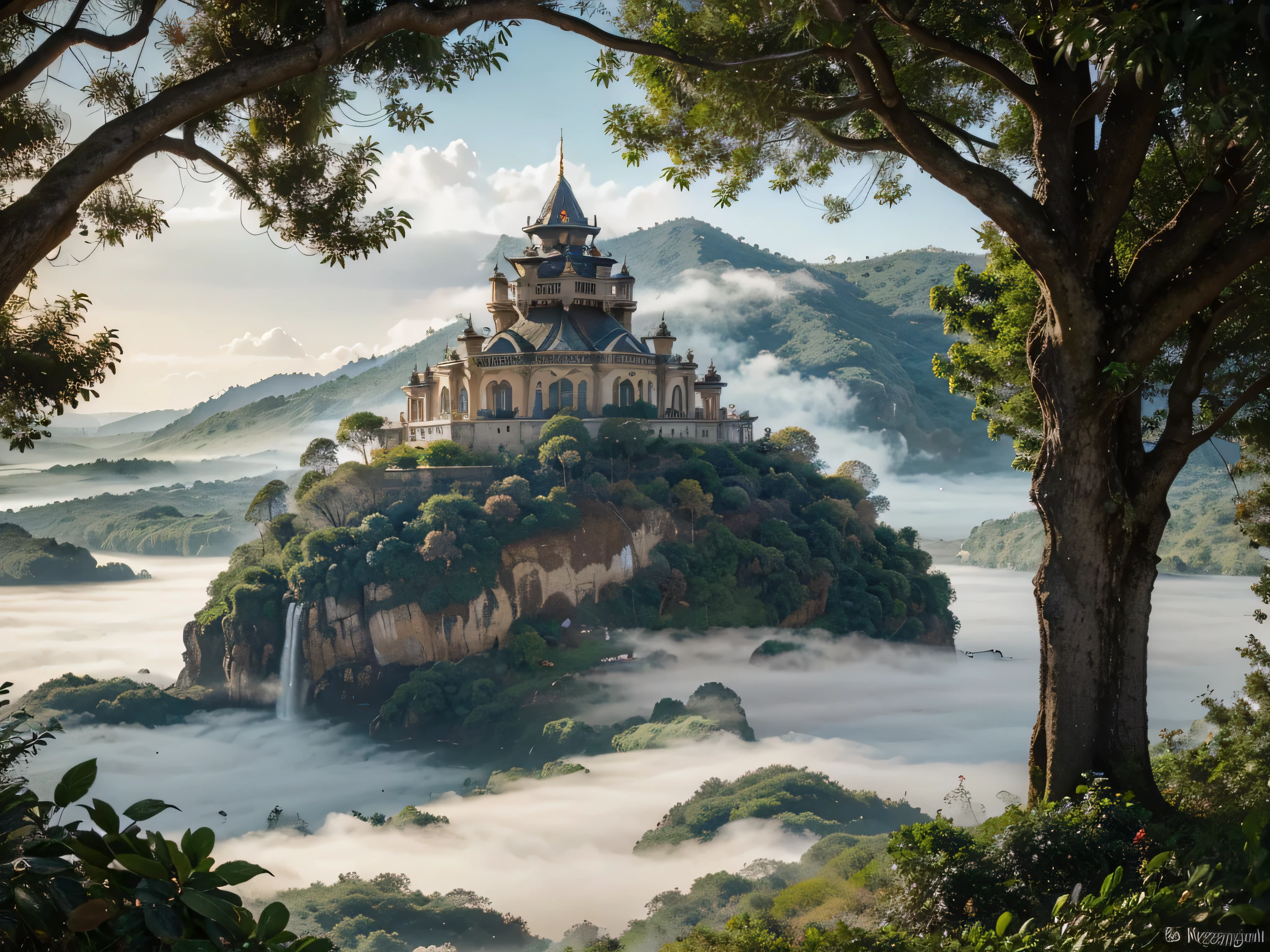 A sultry regal floating island, bathed in warm hues and delicate wisps of mist, exudes an air of mysterious elegance. The main subject is an ornate palace perched atop the shimmering island, surrounded by lush gardens and cascading waterfalls. This enchanting scene is depicted in a dreamy watercolor painting, emphasizing the ethereal beauty of the setting. The intricate details and vibrant colors make this image a stunning piece of art that captures the imagination of all who gaze upon it.