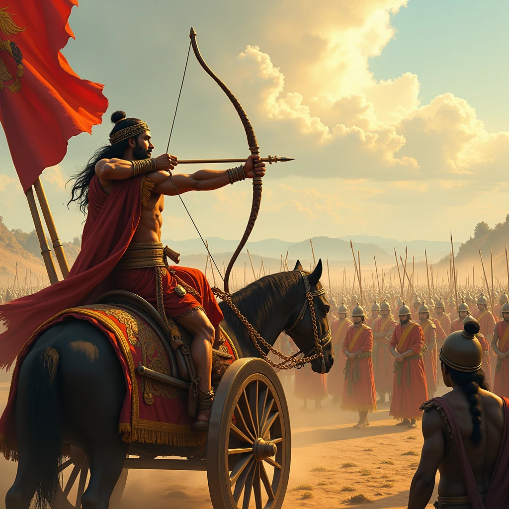 Illustrate the moment just before the battle begins on the Kurukshetra battlefield. Show Arjuna, with the banner of Hanuman on his chariot, observing the Kaurava army arrayed in battle formation. Arjuna should be depicted drawing his bowstring, preparing for the fight, with a focused and determined expression. His chariot, with its divine banner, should be prominently featured. Include Krishna, his charioteer, by his side, ready to listen to Arjuna's words. The battlefield should be detailed with both armies in formation, traditional armor, and weapons, capturing the tension and anticipation of the imminent battle. The scene should reflect the transition from preparation to action, emphasizing the critical moment of Arjuna’s readiness and his impending dialogue with Krishna