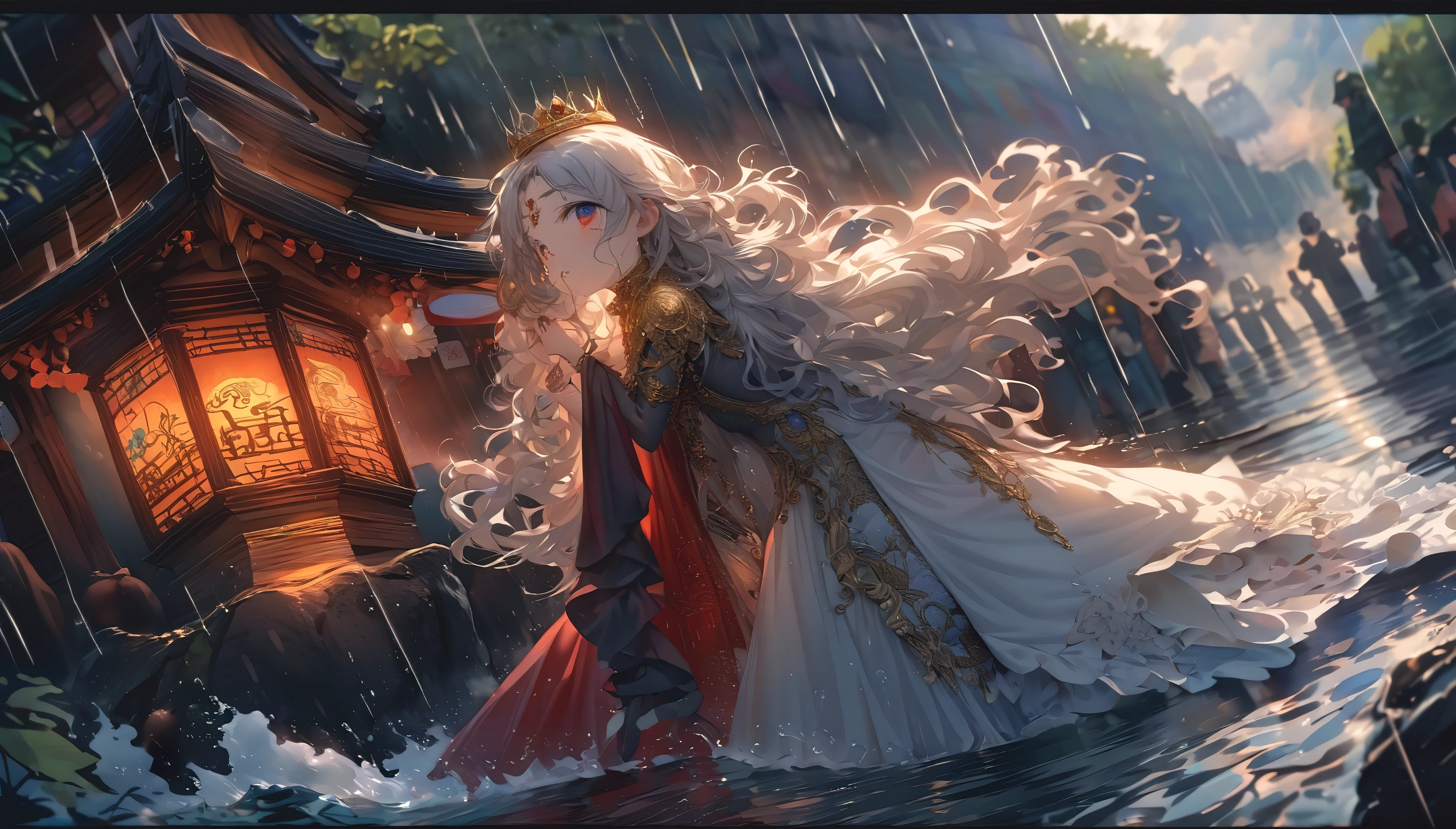 (full body), (solo), (A 7-year-old girl:1.2), (very young little girl), loli, (Solo), (small breast), (wide angle), raw photo, Aesthetic, Convoluted, Awarded, chiaroscuro, Best Quality, Detailed background, (Misty atmosphere:1.2), (hard rainy day:1.1),((Girl in very long costumes of shrine witches:1.2)), detailxl, Girls wearing sacred costumes of shrine witches perform ancient divine dance on cliff near shrine, Her presence is a resistance to the storm. The scene before us is both captivating and surreal. Her outfits are a testament to purity and tradition, Seemingly beyond the chaos of the storm. The white kimono is soaked，cling tightly to her body, its fabric becomes almost translucent in floodwaters, Revealing her inner indomitable spirit. So did she, Gorgeous red tapestry, now dark due to heavy rain, With every elegant step, Every wrinkle and crease silently bears witness to the solemnity of the night. Despite the bad weather, Her bare feet still dance gracefully, Unforgettable and beautiful, Every tiny movement leaves a pious pattern on the damp stone. Hair styled casually from behind、hanging down defiantly, Occasionally put it on her cheeks and forehead, Give her an extraordinary temperament. White sandalwood paper, Originally used to tie hair, Surrender to the wind and rain, Let them float freely in the wind, Like participating in a sacred dance. The golden crown and hairpin on her head symbolize the person she admires, shine in lightning. Their presence silently announced the seriousness of her performance. Her Kagura dance is a spectacle of devotion and grace, Silent prayers become visible. Her every move, From the gentle swing of your arms to the precise steps of your bare feet, Weaving an invisible tapestry in the air, Sing to the gods amidst the din of the storm. Kagura bells are arranged in a seven-five-three arrangement, The crisp sound penetrated the sound of rain, Be a beacon of tranquility in the hustle and bustle. Five colorful ropes decorat