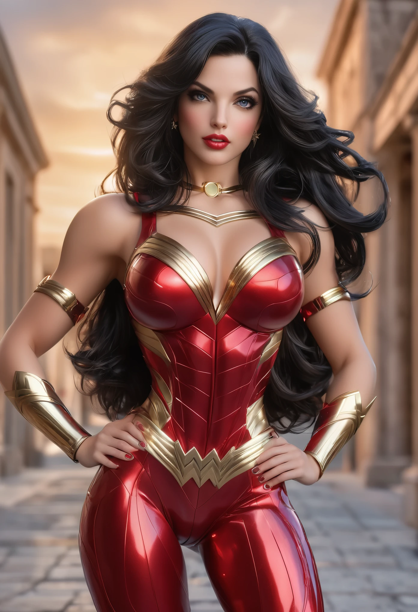 (best quality,4k,8k,highres,masterpiece:1.2),ultra-detailed,(realistic,photorealistic,photo-realistic:1.37),portrait, donna Troy ,beautiful detailed eyes,beautiful detailed lips,extremely detailed face,long eyelashes, sexy,soft lighting,subtle background,professional photography,vivid colors full body ,  by a fan, blushing face () full body () (ready for ) (biting her liplue eyes) (Donna Troy) Amazon (wonder girl) (red outfit) ( bracelets) ()