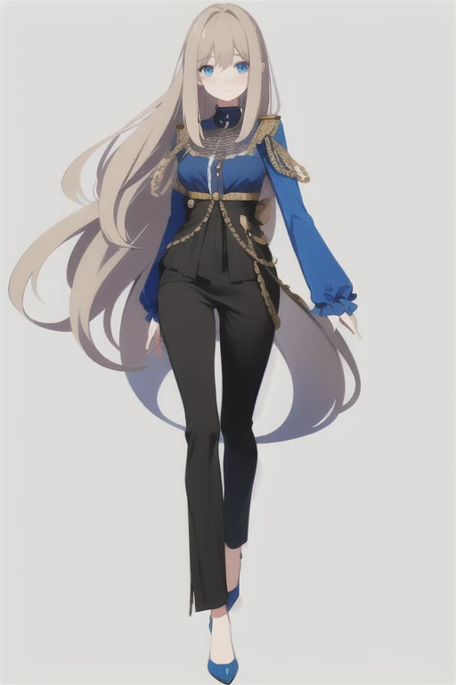 lexington \(warship girls r\), (masterpiece), (high resolution, 8k), (high detailed), girl, 20age, tall, petite, (wavy long hair (dark blonde)), beautiful face, tired smile, small breast flat, ((dark blue crystal themed, shor draped dress)), ((loose pants black colored)), standing on bedroom,fcNeg, Flaxen long hair(delicate hair),blue eyes(delicate eyes),