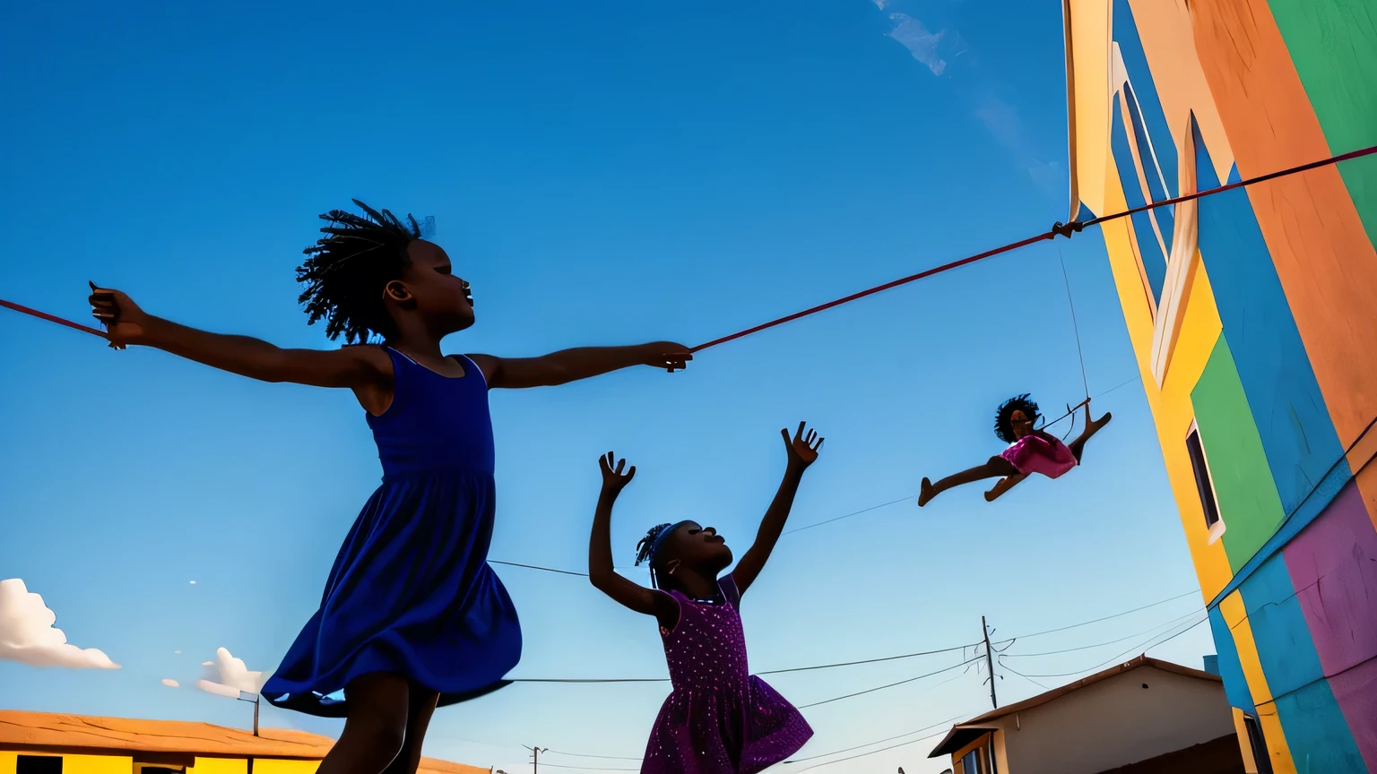 A captivating mural painted on a wall . It features a large silhouette of a African American woman, her arms outstretched, holding onto a clothesline. Colorful, fluttering garments hang from the line, creating a beautiful contrast against the dark silhouette. Below her, three smaller children are depicted in mid-air, as if they're being playfully lifted or tossed by the woman. The sky above is a clear blue, dotted with wispy clouds, and the calm water elegantly mirrors the mural's vibrant colors and the sky's serene hues. The overall atmosphere of the scene is joyful, dynamic, and full of life