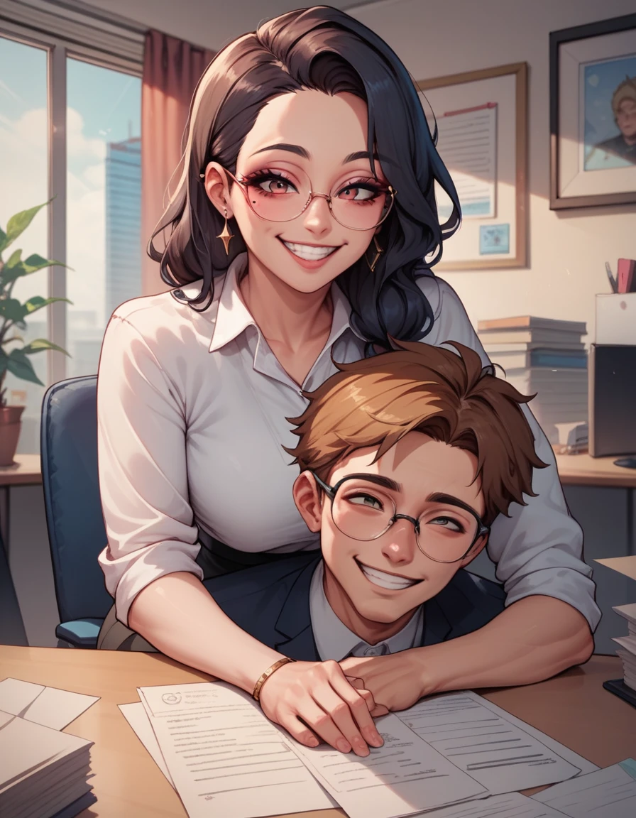 score_9, score_8_up, score_7_up, 1 boss boy and 1 sexy young korean girl, make love, boy hugs girl , in a office, glasses, smile