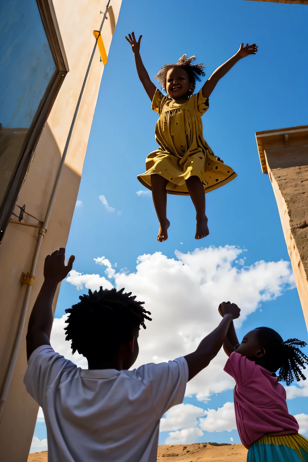 A captivating mural painted on a wall . It features a large silhouette of a African American woman, her arms outstretched, holding onto a clothesline. Colorful, fluttering garments hang from the line, creating a beautiful contrast against the dark silhouette. Below her, three smaller children are depicted in mid-air, as if they're being playfully lifted or tossed by the woman. The sky above is a clear blue, dotted with wispy clouds, and the calm water elegantly mirrors the mural's vibrant colors and the sky's serene hues. The overall atmosphere of the scene is joyful, dynamic, and full of life.