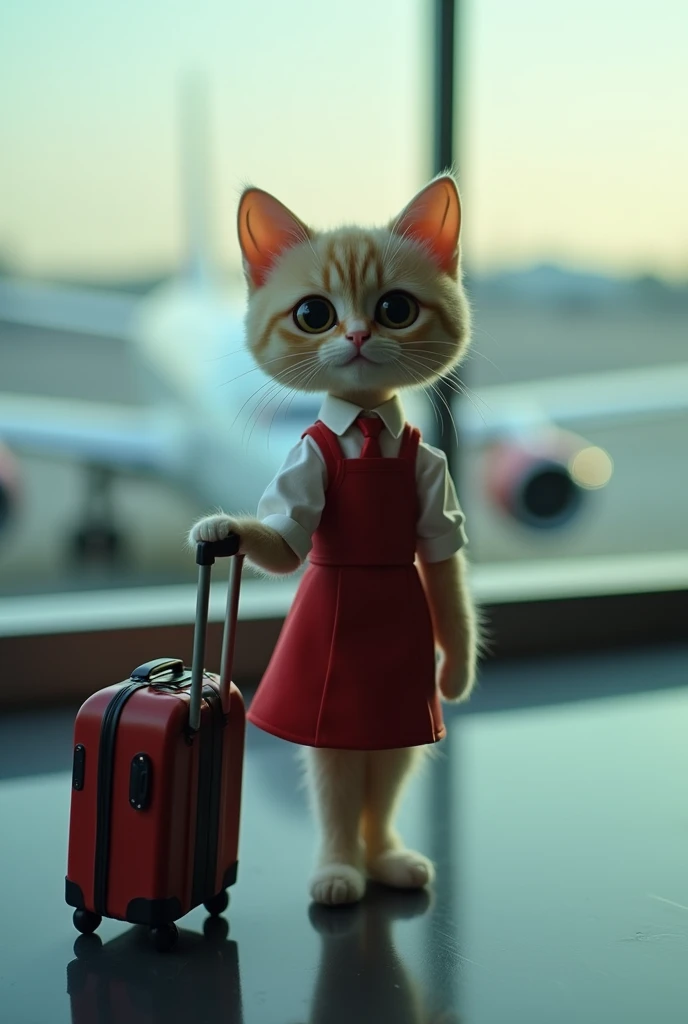 35mm lens，Multiple angles，full-body shot，漂亮的Cat，cute，Sexy，Personification，Back，side，silhouette，Overhead shot，Cat，Standing，doll，Airline stewardess，Trolley case，，AIRPORT，Boeing 747 background，Airline stewardess， cloak,Ruan Jia,，Work clothes，tie, full-body shot，(Delicate face), (Fine fluffy fur)，（35mm Cinema Lens），（Multi-angle shooting），（many viewing angles）