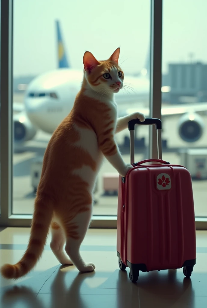 35mm lens，Multiple angles，full-body shot，漂亮的Cat，cute，Sexy，Personification，Back，side，silhouette，Overhead shot，Cat，Standing，doll，Airline stewardess，Trolley case，，AIRPORT，Boeing 747 background，Airline stewardess， cloak,Ruan Jia,，Work clothes，tie, full-body shot，(Delicate face), (Fine fluffy fur)，（35mm Cinema Lens），（Multi-angle shooting），（many viewing angles）