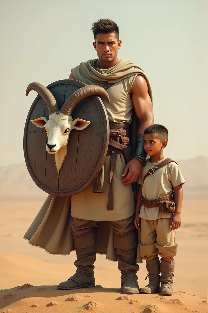 Create 2 images The first image is a young man holding a shield with a goat's head drawn on it and a child at his side The second image is him and another young man in the desert