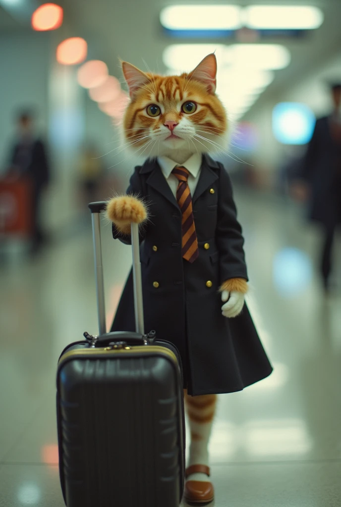 35mm lens，Multiple angles，漂亮的Cat，cute，Sexy，Personification，Back，side，silhouette，Overhead shot，Cat，Standing，doll，Airline stewardess，Trolley case，，AIRPORT，Airline stewardess， cloak,Ruan Jia,，Work clothes，tie, (Delicate face), (Fine fluffy fur)，（35mm Cinema Lens），（Multi-angle shooting），（many viewing angles）