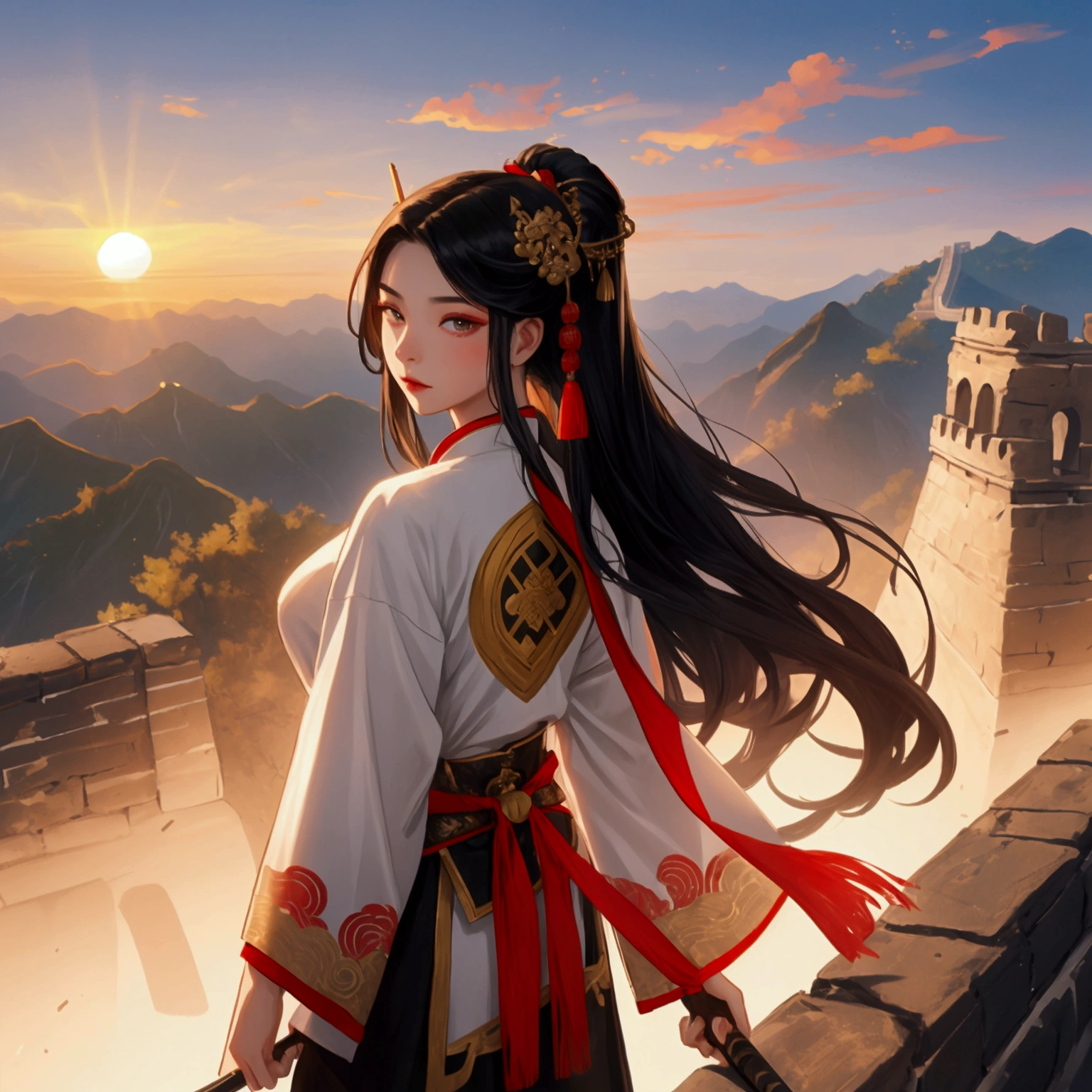 a beautiful young woman in the costume of an ancient Chinese general with long black hair, a barrette, and a long spear in her hand. standing on the great wall of China lookin down, close up, sunset.