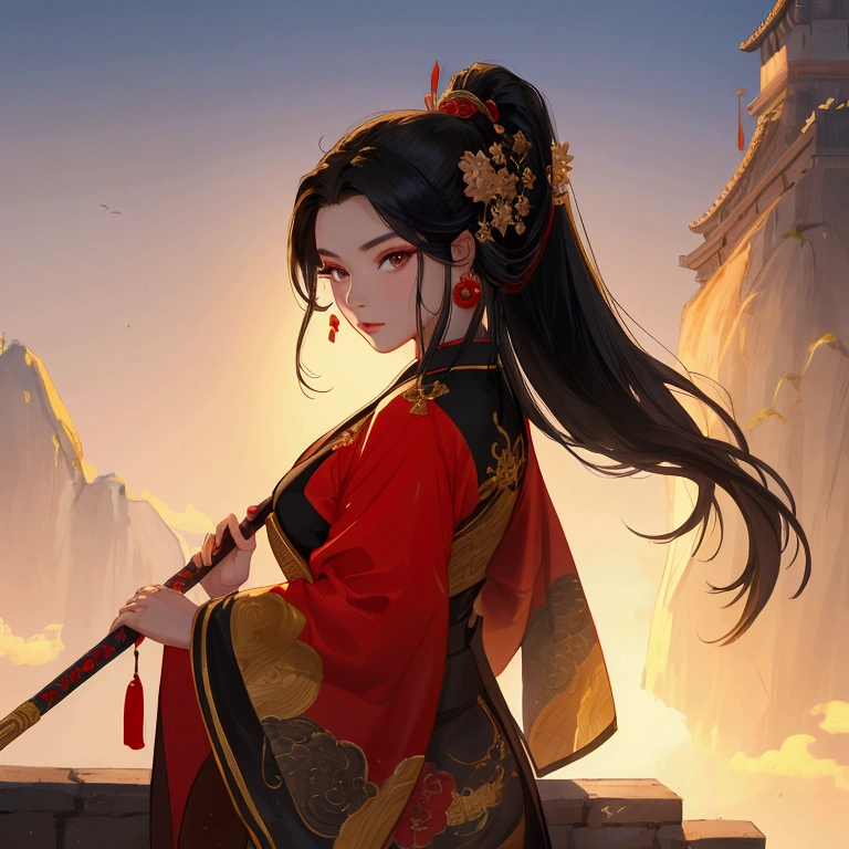 a beautiful young woman in the costume of an ancient Chinese general with long black hair, a barrette, and a long spear in her hand. standing on the great wall of China lookin down, close up, sunset.