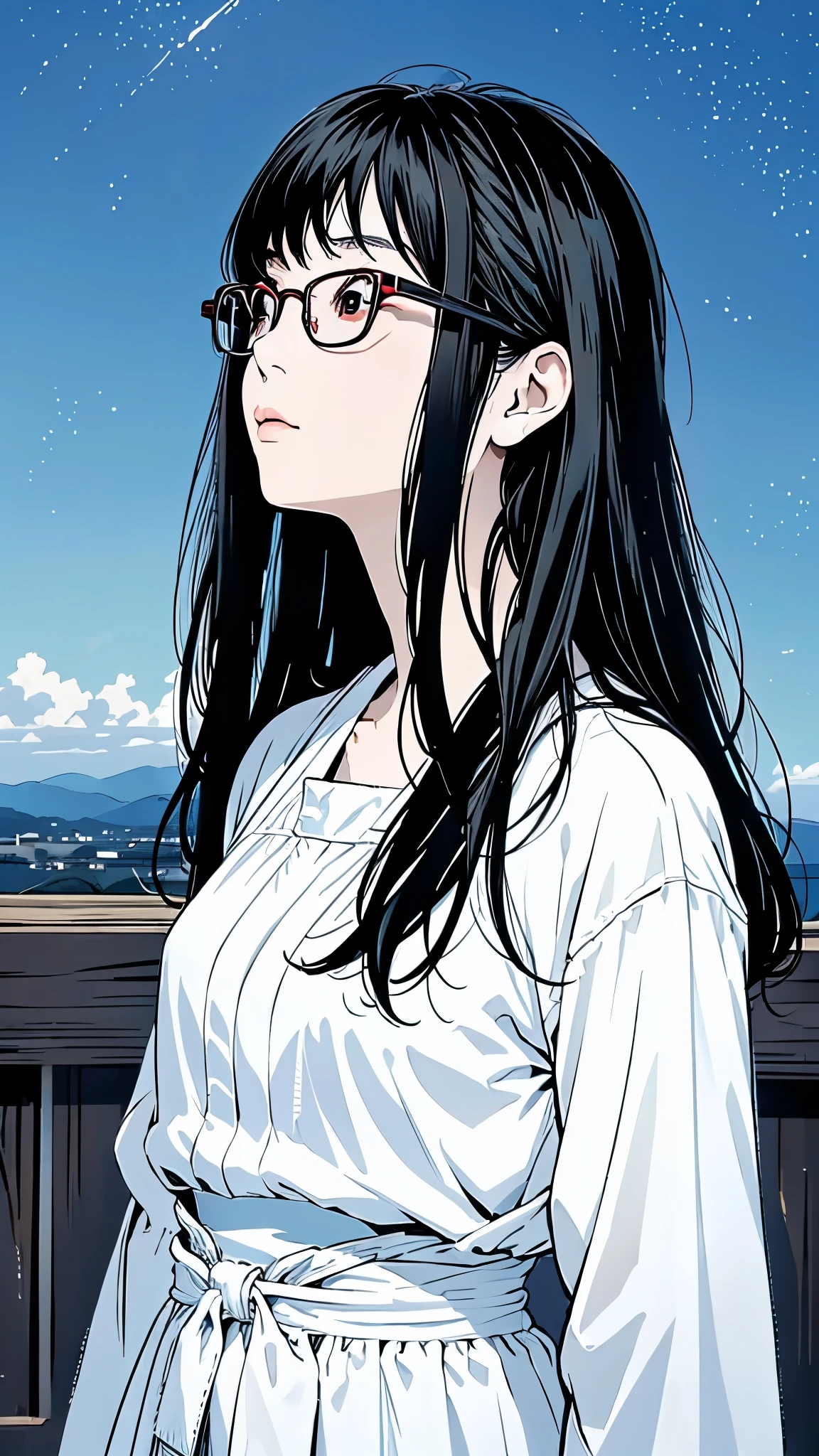 Master Painting、Highest quality、scenery、Night Sky、starry skies、woman、Very depressive、Black Hair、Long Hair、Looking up、Red glasses、profile、Upper Body、White dress、Mid-chest、Japanese。