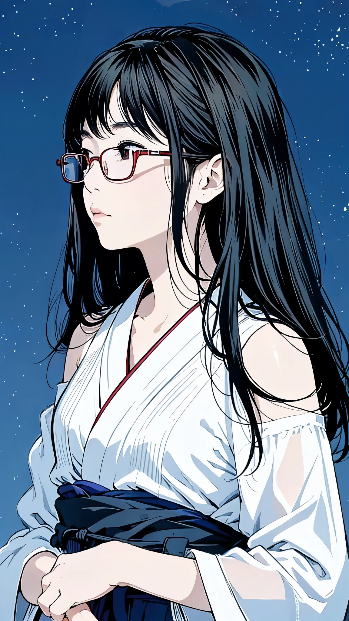 Master Painting、Highest quality、scenery、Night Sky、starry skies、woman、Very depressive、Black Hair、Long Hair、Looking up、Red glasses、profile、Upper Body、White dress、Mid-chest、Japanese。