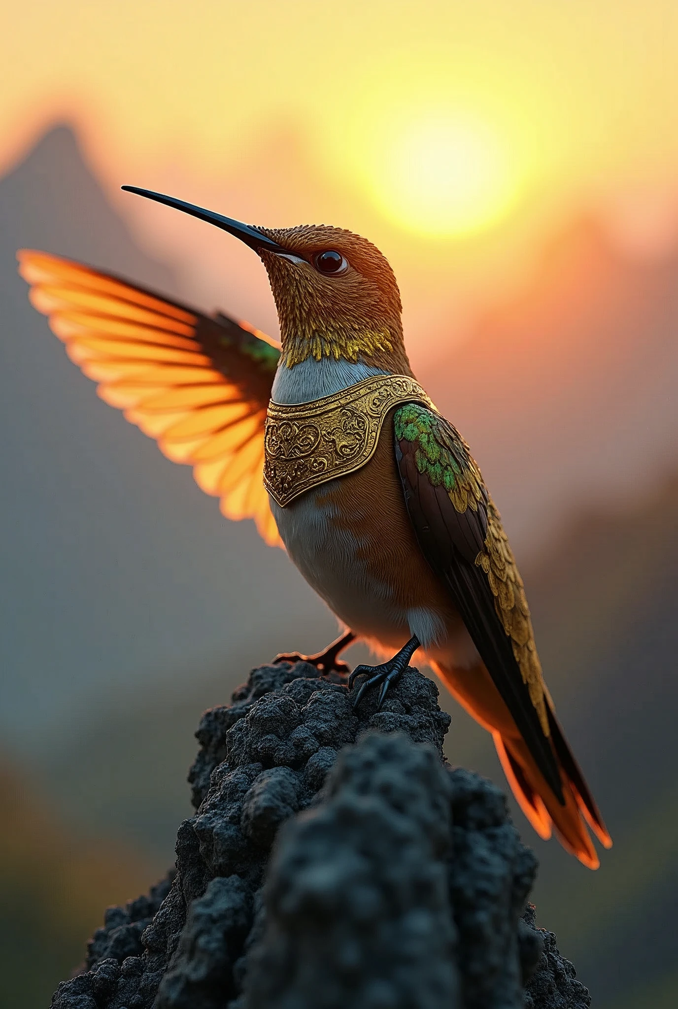 (Close-up of a majestic masterpiece:1.5)0.9], (Strong and united hummingbird:1.2) (Detailed golden armor:1.1) (Perched on top of an epic mountain:1.2) (Landscape at dusk:1.0) (Radiant light around the hummingbird:1.1) (Epic scenery symbolizing unity and determination:1.0).
