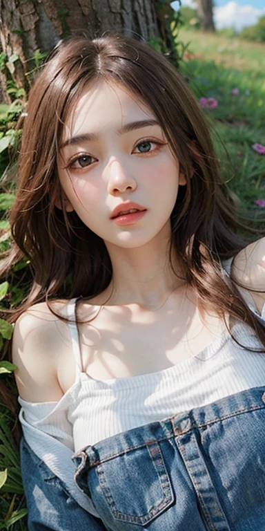 (masterpiece: 1.2, Portraiture, Highest quality), Realistic, (Live Action, Intricate details, Written boundary depth), Highest quality, masterpiece, Attention to detail, semi-Realistic, Sleeping on the grass, shy, 21 years old, Short blonde, blue eyes, blonde、 Slim figure、Shoulder Bare、Shorts 、Blue sky and a few clouds