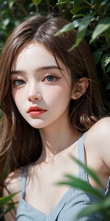 (masterpiece: 1.2, Portraiture, Highest quality), Realistic, (Live Action, Intricate details, Written boundary depth), Highest quality, masterpiece, Attention to detail, semi-Realistic, Sleeping on the grass, shy, 21 years old, Short blonde, blue eyes, blonde、 Slim figure、Shoulder Bare、Shorts 、Blue sky and a few clouds