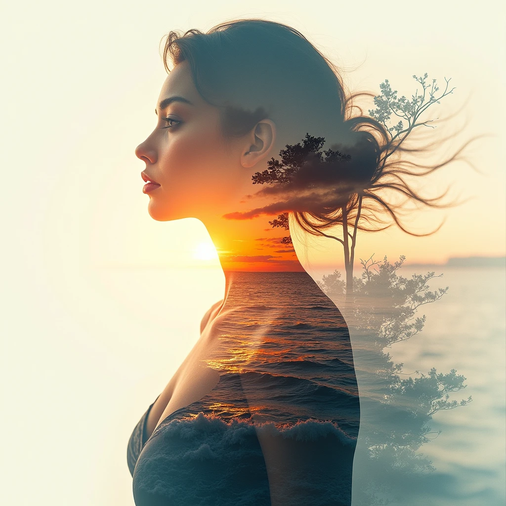 Anime high quality, 8K Ultra HD, A beautiful double exposure that combines an goddess silhouette with sunset coast, sunset coast should serve as the underlying backdrop, with its details incorporated into the goddess , crisp lines, The background is monochrome, sharp focus, double exposure, by yukisakura, awesome full color,