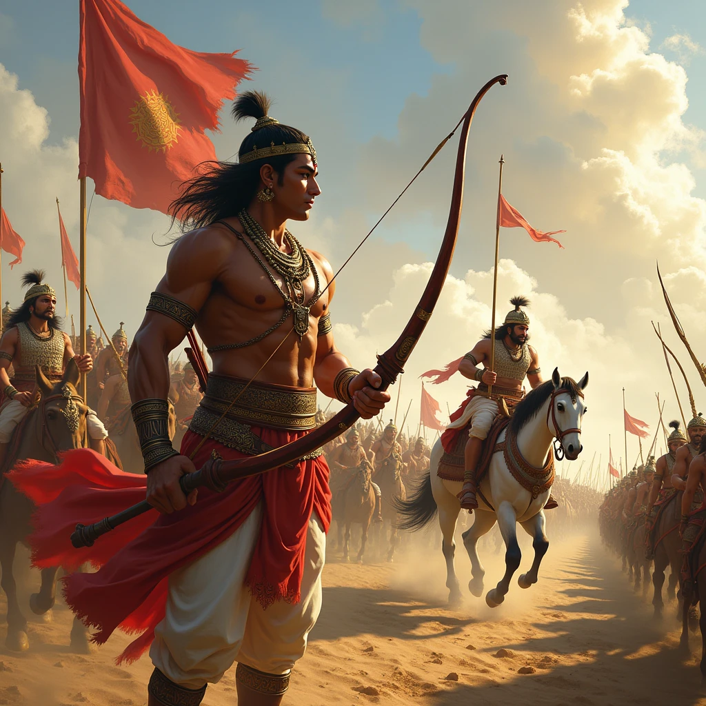 Illustrate the moment just before the battle begins on the Kurukshetra battlefield. Show Arjuna, with the banner of Hanuman on his chariot, observing the Kaurava army arrayed in battle formation. Arjuna should be depicted drawing his bowstring, preparing for the fight, with a focused and determined expression. His chariot, with its divine banner, should be prominently featured. Include Krishna, his charioteer, by his side, ready to listen to Arjuna's words. The battlefield should be detailed with both armies in formation, traditional armor, and weapons, capturing the tension and anticipation of the imminent battle. The scene should reflect the transition from preparation to action, emphasizing the critical moment of Arjuna’s readiness and his impending dialogue with Krishna