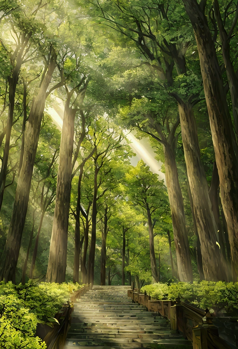 "A serene, hyper-realistic forest at dawn, with soft sunlight filtering through tall trees. The scene is peaceful and inviting, evoking a sense of calm and tranquility."