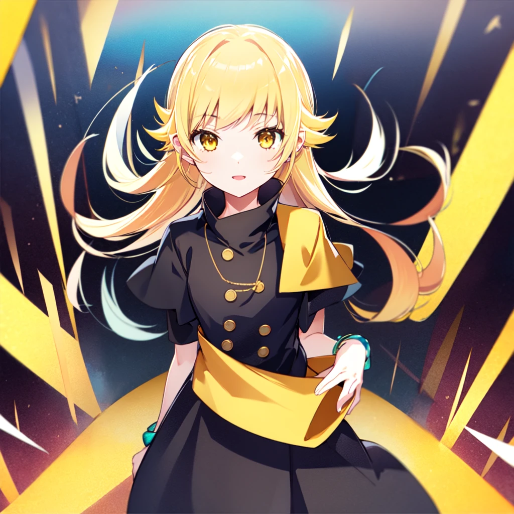 first love, 1girl, solo, facing viewer,loli girl,oshino shinobu,yellow hair,long hair,yellow eyes,wavy at the end of hair,loli,home stay outfits,donuts,Green Bracelet,simple background,^_^