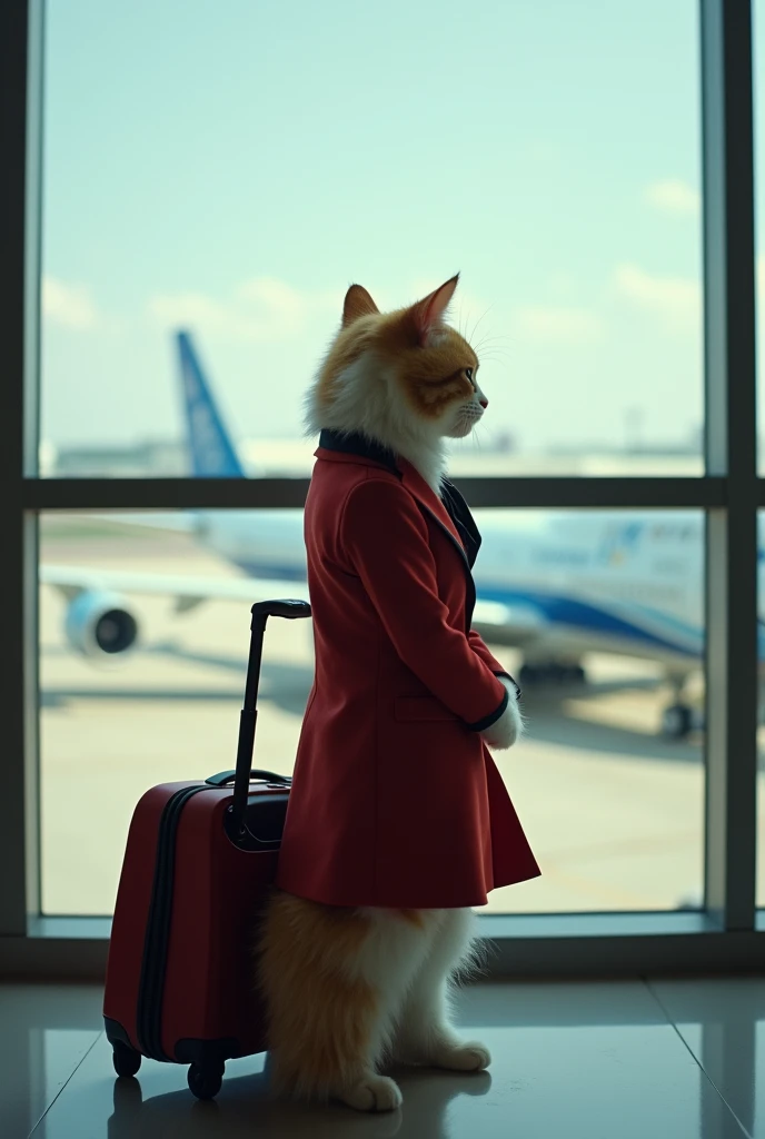 35mm lens,Multiple angles,full-body shot,漂亮的Cat,cute,Sexy,Personification,Back,side,silhouette,Overhead shot,Cat,Standing,doll,Airline stewardess,Trolley case,,AIRPORT,Boeing 747 background,Airline stewardess, cloak,Ruan Jia,,Work clothes,tie, full-body shot,(Delicate face), (Fine fluffy fur),(35mm Cinema Lens),(Multi-angle shooting),(many viewing angles)