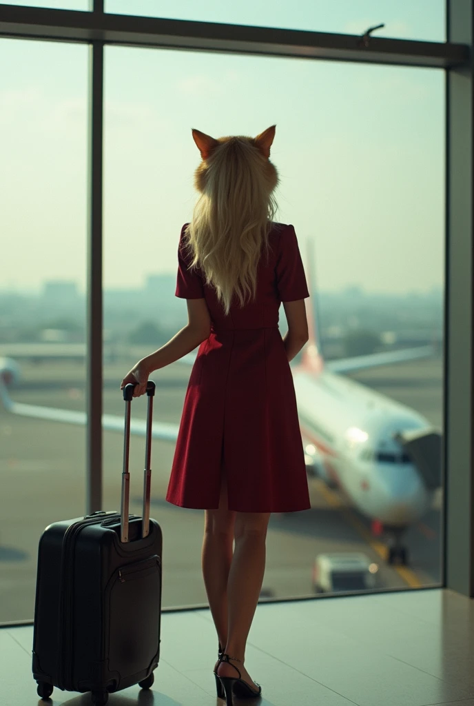 35mm lens,Multiple angles,漂亮的Cat,cute,Sexy,Personification,Back,side,silhouette,Overhead shot,Cat,Standing,doll,Airline stewardess,Trolley case,,AIRPORT,Airline stewardess, cloak,Ruan Jia,,Work clothes,tie, (Delicate face), (Fine fluffy fur),(35mm Cinema Lens),(Multi-angle shooting),(many viewing angles)