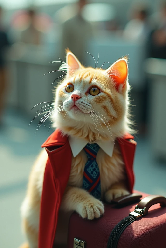 35mm lens,Multiple angles,漂亮的Cat,cute,Sexy,Personification,Back,side,silhouette,Overhead shot,Cat,Standing,doll,Airline stewardess,Trolley case,,AIRPORT,Airline stewardess, cloak,Ruan Jia,,Work clothes,tie, (Delicate face), (Fine fluffy fur),(35mm Cinema Lens),(Multi-angle shooting),(many viewing angles)