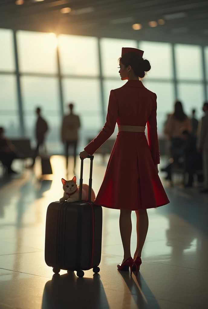 35mm lens,Multiple angles,漂亮的Cat,cute,Sexy,Personification,Back,side,silhouette,Overhead shot,Cat,Standing,doll,Airline stewardess,Trolley case,,AIRPORT,Airline stewardess, cloak,Ruan Jia,,Work clothes,tie, (Delicate face), (Fine fluffy fur),(35mm Cinema Lens),(Multi-angle shooting),(many viewing angles)