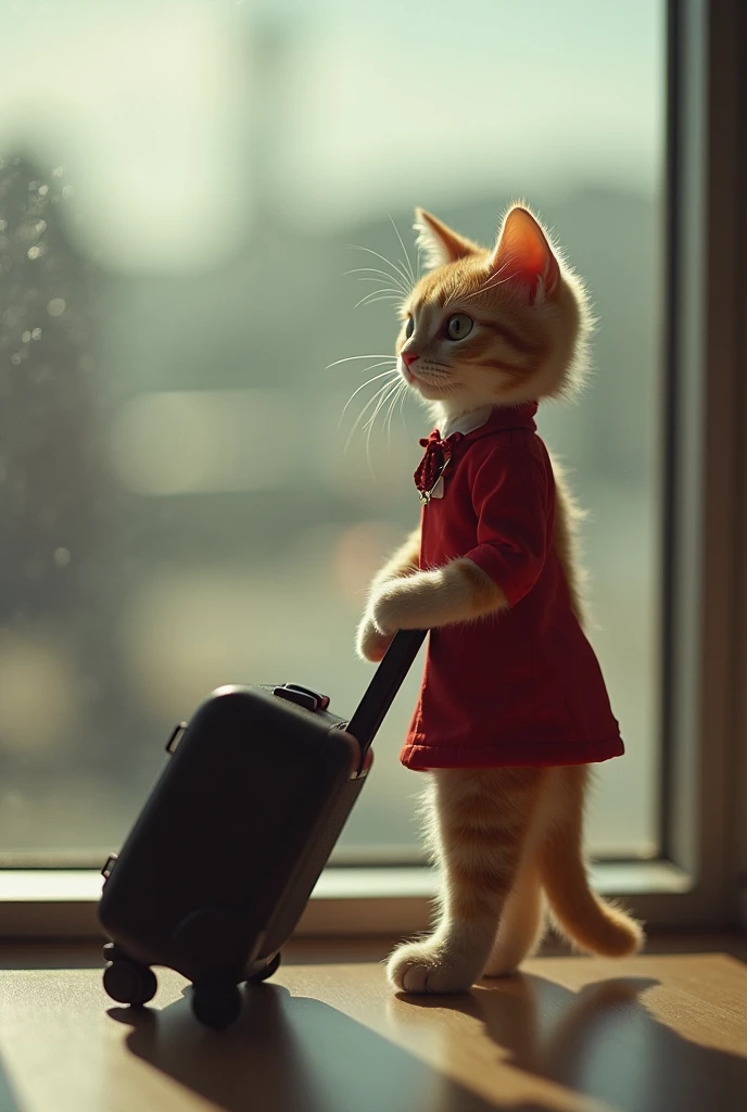 35mm lens,Multiple angles,漂亮的Cat,cute,Sexy,Personification,Back,side,silhouette,Overhead shot,Cat,Standing,doll,Airline stewardess,Trolley case,,AIRPORT,Airline stewardess, cloak,Ruan Jia,,Work clothes,tie, (Delicate face), (Fine fluffy fur),(35mm Cinema Lens),(Multi-angle shooting),(many viewing angles)