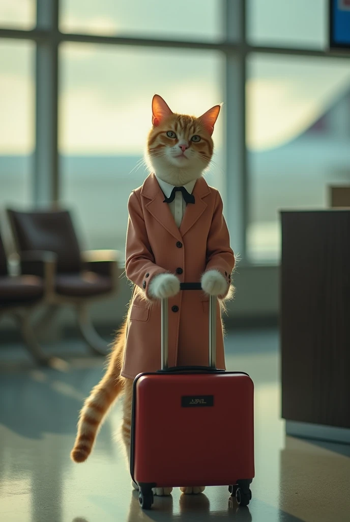 35mm lens,Multiple angles,漂亮的Cat,cute,Sexy,Personification,Back,side,silhouette,Overhead shot,Cat,Standing,doll,Airline stewardess,Trolley case,,AIRPORT,Airline stewardess, cloak,Ruan Jia,,Work clothes,tie, (Delicate face), (Fine fluffy fur),(35mm Cinema Lens),(Multi-angle shooting),(many viewing angles)