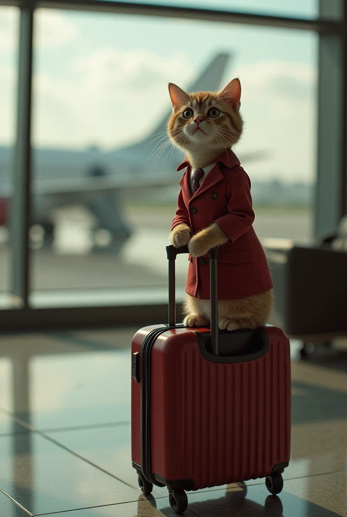 35mm lens,Multiple angles,漂亮的Cat,cute,Sexy,Personification,Back,side,silhouette,Overhead shot,Cat,Standing,doll,Airline stewardess,Trolley case,,AIRPORT,Airline stewardess, cloak,Ruan Jia,,Work clothes,tie, (Delicate face), (Fine fluffy fur),(35mm Cinema Lens),(Multi-angle shooting),(many viewing angles)