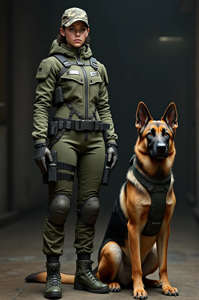 A girl in a camouflage tight suit stands next to a sitting German Shepherd dressed in a suit and muzzle