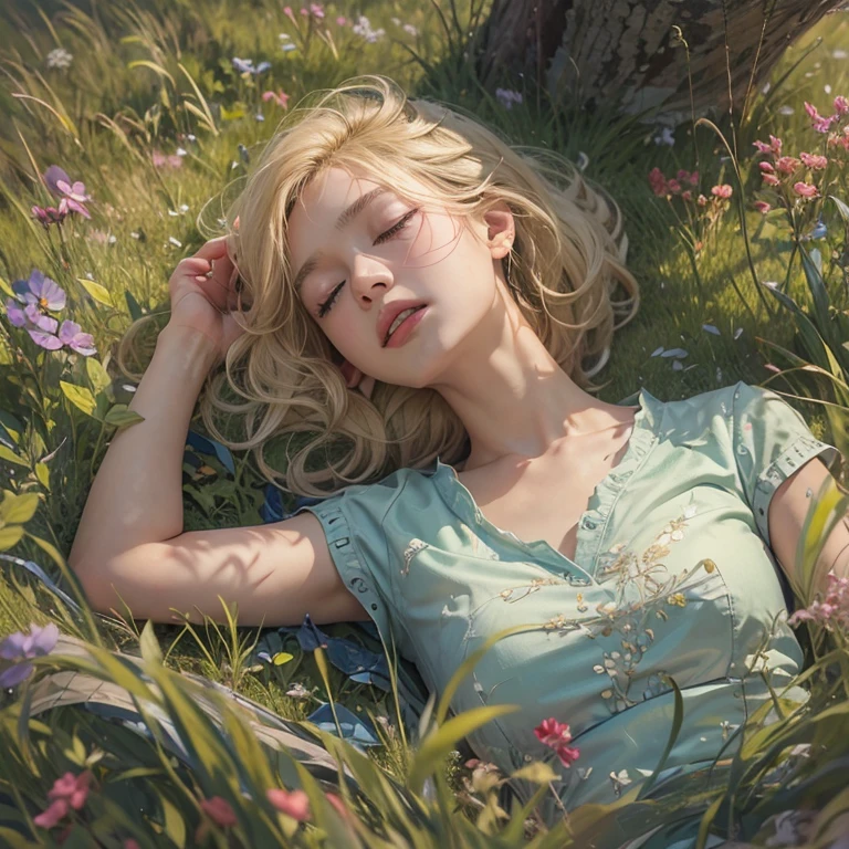 masterpiece: 1.2, Portraiture, Highest quality), Realistic, (Live Action, Intricate details, Written boundary depth), Highest quality, masterpiece, Attention to detail, semi-Realistic, Sleeping on the grass, shy, 21 years old, Short blonde, blue eyes, blonde、 Slim figure、Shoulder Bare、Shorts 、Blue sky and a few clouds、Rolling on the lawn