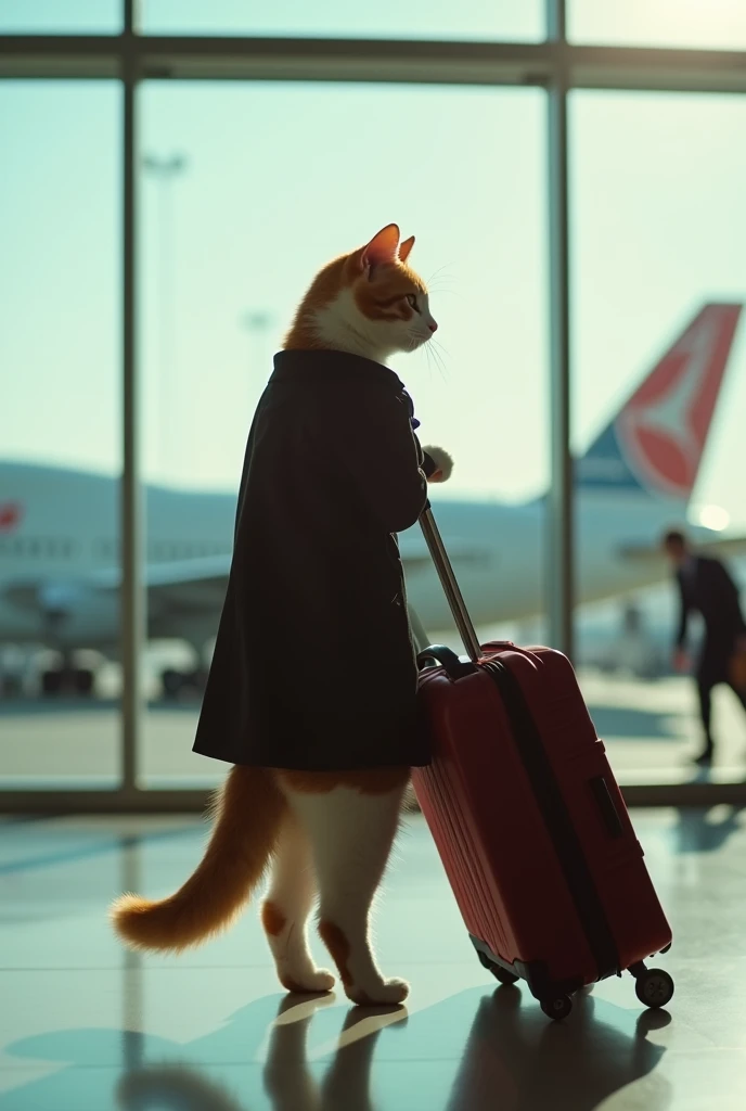 35mm lens,Multiple angles,full-body shot,漂亮的Cat,cute,Sexy,Personification,Back,side,silhouette,Overhead shot,Cat,Standing,doll,Airline stewardess,Trolley case,,AIRPORT,Boeing 747 background,Airline stewardess, cloak,Ruan Jia,,Work clothes,tie, full-body shot,(Delicate face), (Fine fluffy fur),(35mm Cinema Lens),(Multi-angle shooting),(many viewing angles)