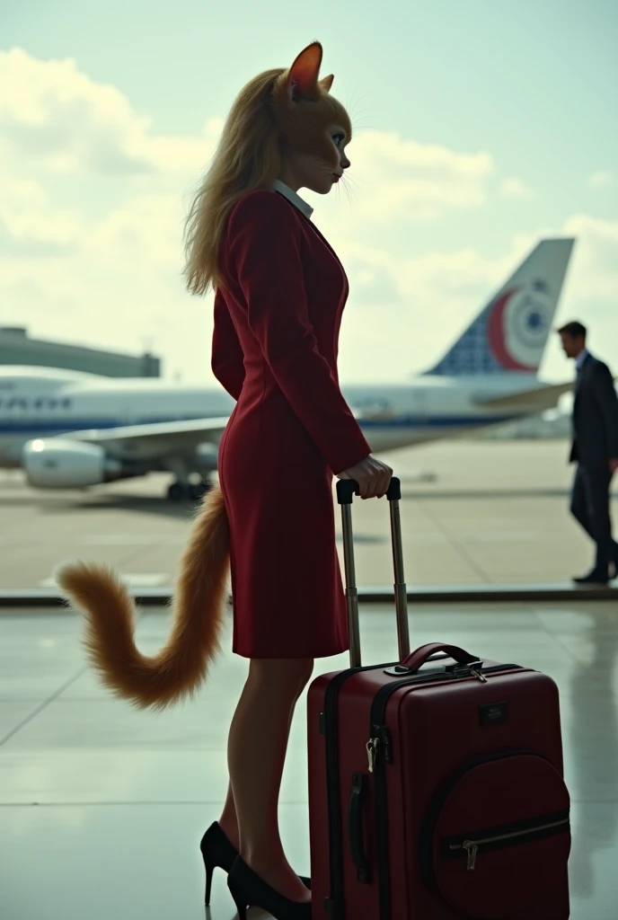 35mm lens,Multiple angles,full-body shot,漂亮的Cat,cute,Sexy,Personification,Back,side,silhouette,Overhead shot,Cat,Standing,doll,Airline stewardess,Trolley case,,AIRPORT,Boeing 747 background,Airline stewardess, cloak,Ruan Jia,,Work clothes,tie, full-body shot,(Delicate face), (Fine fluffy fur),(35mm Cinema Lens),(Multi-angle shooting),(many viewing angles)