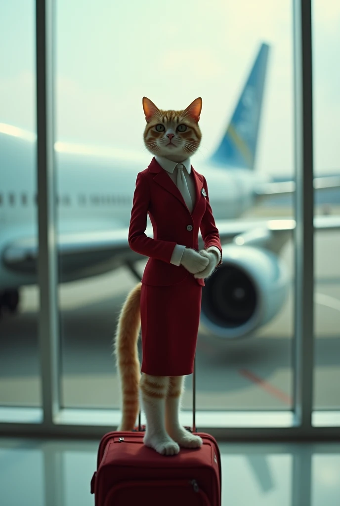 35mm lens,Multiple angles,full-body shot,漂亮的Cat,cute,Sexy,Personification,Back,side,silhouette,Overhead shot,Cat,Standing,doll,Airline stewardess,Trolley case,,AIRPORT,Boeing 747 background,Airline stewardess, cloak,Ruan Jia,,Work clothes,tie, full-body shot,(Delicate face), (Fine fluffy fur),(35mm Cinema Lens),(Multi-angle shooting),(many viewing angles)