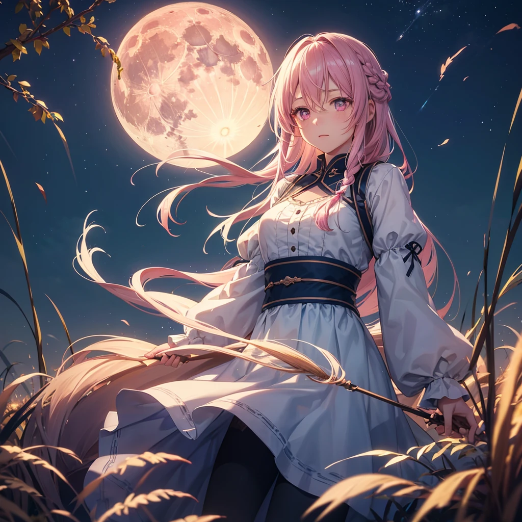(Sky blue braided medium length hair), (Pink eyes),(Fair skin) ,(whole body),(One Girl),(harvest moon),(Miscanthus sinensis in the background),autumn,(full moon),(masterpiece, Highest quality, Very detailed, Best Shadow), (Detailed Background), (Beautifully detailed face), High Contrast, (Best lighting, Very delicate and beautiful), ((Cinematic Light)), Hyper Detail,8k, Dramatic Light,