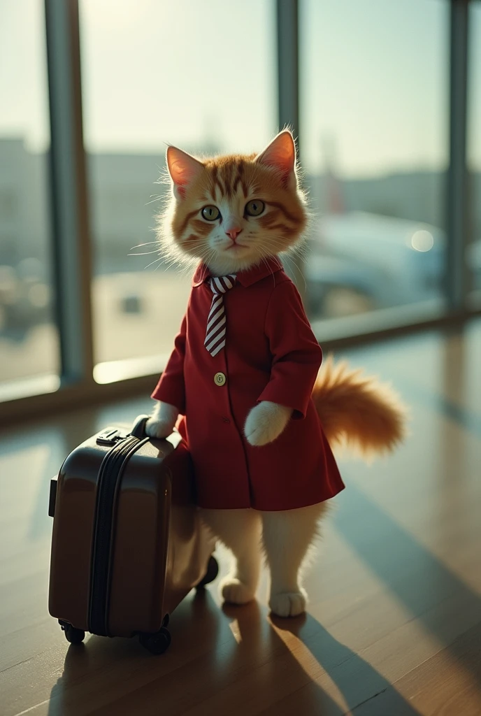 35mm lens,Multiple angles,漂亮的Cat,cute,Sexy,Personification,Back,side,silhouette,Overhead shot,Cat,Standing,doll,Airline stewardess,Trolley case,,AIRPORT,Airline stewardess, cloak,Ruan Jia,,Work clothes,tie, (Delicate face), (Fine fluffy fur),(35mm Cinema Lens),(Multi-angle shooting),(many viewing angles)