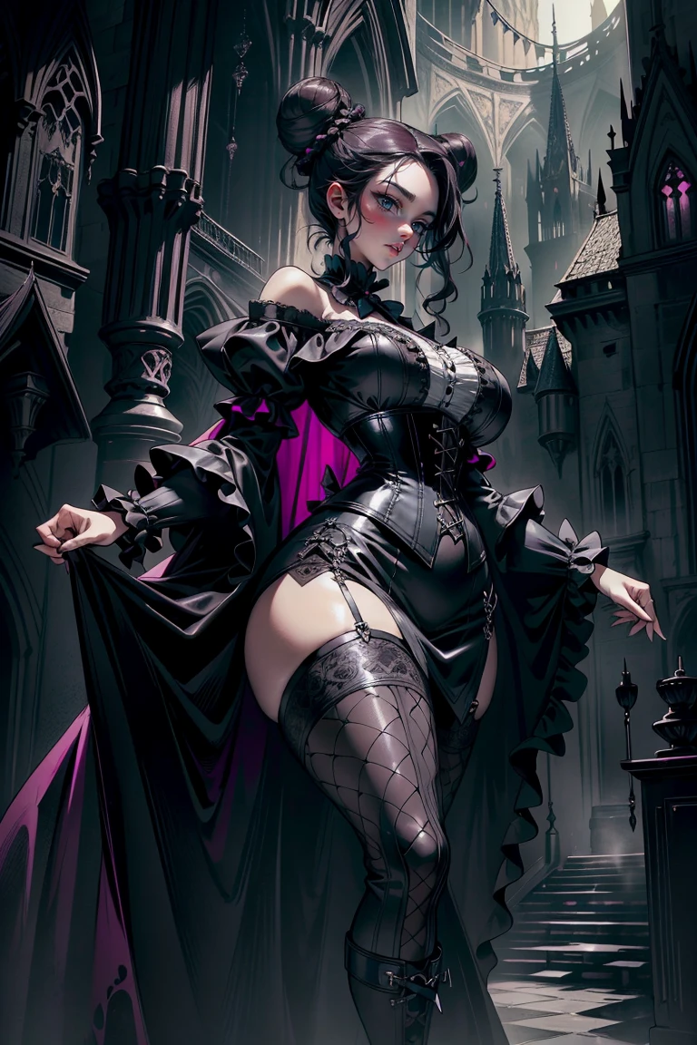 (masterpiece, top quality, best quality, official art, beautiful and aesthetic: 1.2), (1 woman: 1.3), long curly dark brown hair, ((fancy bun)), Victorian style, Victorian classic, extremely detailed, portrait, looking at the viewer, solo, (full body: 0.6), detailed background, close-up, mischievous eyes, (cold midnight castle theme: 1.1), vampire, long fangs, blood on chin, huge lips, charlatan, mischievous smile, mysterious, being seductive on the balcony, revealing gothic dress, extremely tight bodice, black costume, magenta skirts, off-the-shoulder, long sleeves, loose sleeves, black leather , cape, corset, black dress, fishnets, black high boots, buckles, straps, bags, glowing blood magic energy, dark magenta fabric, silver trim, black leather, medieval background (gothic castle exterior: 1.1), nocturnal, dark and mysterious lighting, shadows, magical atmosphere, Dancing lightly. backwadrs, Looking back. Very sexy, with chin resting on shoulder, abigail larson art style, (((massive thighs, wide hips)))