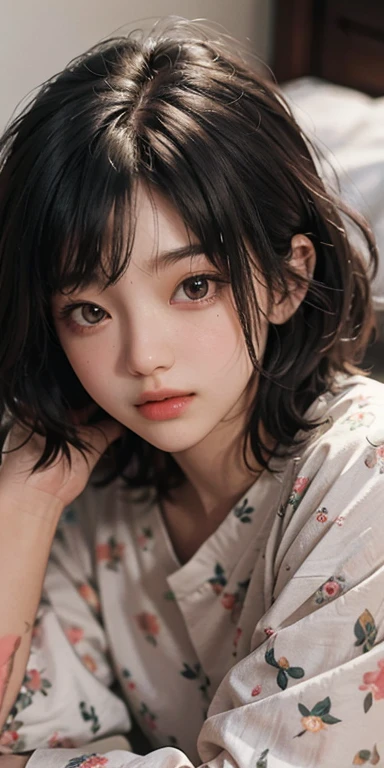 Cute girl lying face down on the bed and looking at you, 22 years old, Realistic, She wears a short, She is wearing floral pajamas, short hair.Shoulder Bare