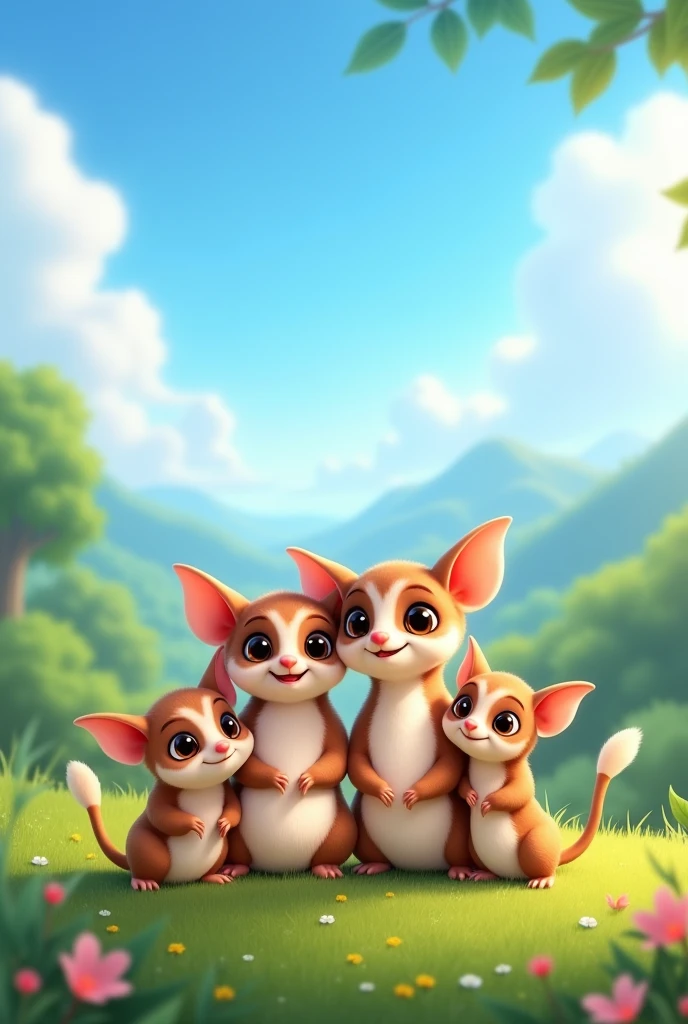 4 sugar gliders, Disney cartoon characters, happy cute family , landscape photo, suitable for cover, clean background