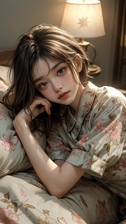 Cute girl lying face down on the bed and looking at you, 22 years old, Realistic, she is wearing shorts, She is wearing floral pajamas, short hair.