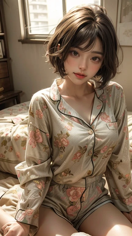 Cute girl lying face down on the bed and looking at you, 22 years old, Realistic, she is wearing shorts, She is wearing floral pajamas, short hair.