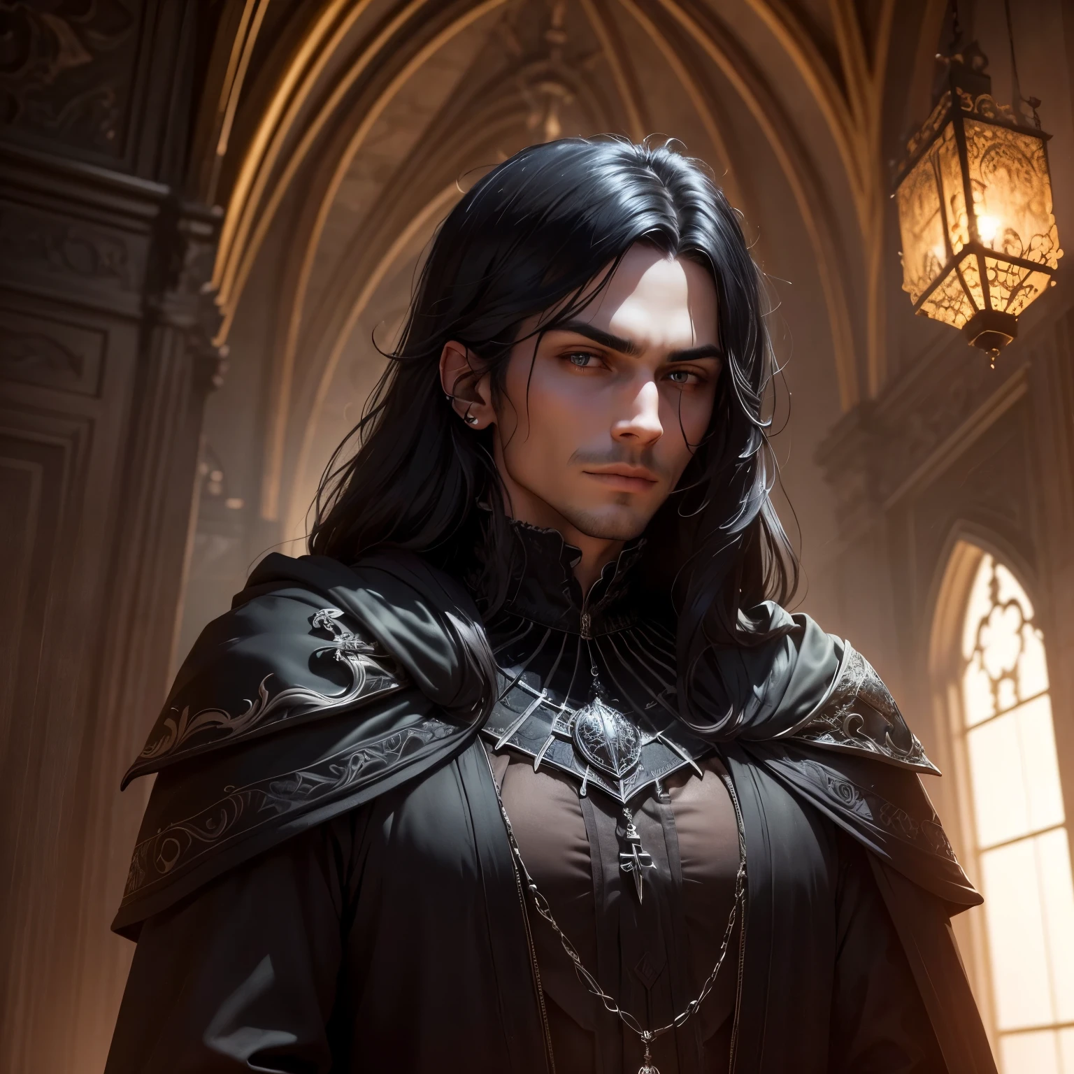 ((best qualityer)), ((work of art)), (detailded), 8k, 4K, hight contrast, work of art,  Meticulous attention to facial features and hair strands,Dark masculine man, Lord of evil, shaggy black hair, exquisite black cloak, bright, piercing green eyes, threatening expression on your face, powerful aura, Standing in a dimly lit room,casting mysterious shadows,  decorated with intricate details, With a sinister smile, Creates an aura of darkness, With a frightening presence, in a gothic castle, with impressive architecture, creating a sinister atmosphere, Reminds me of the cover of a dark fantasy novel.., With spectacular lighting, emphasizing the contrast between light and shadow, evoking a sense of mystery and danger, with a touch of supernatural elements and captivating art,  in the background a castle hall ,clear lighting, detailed shadows 