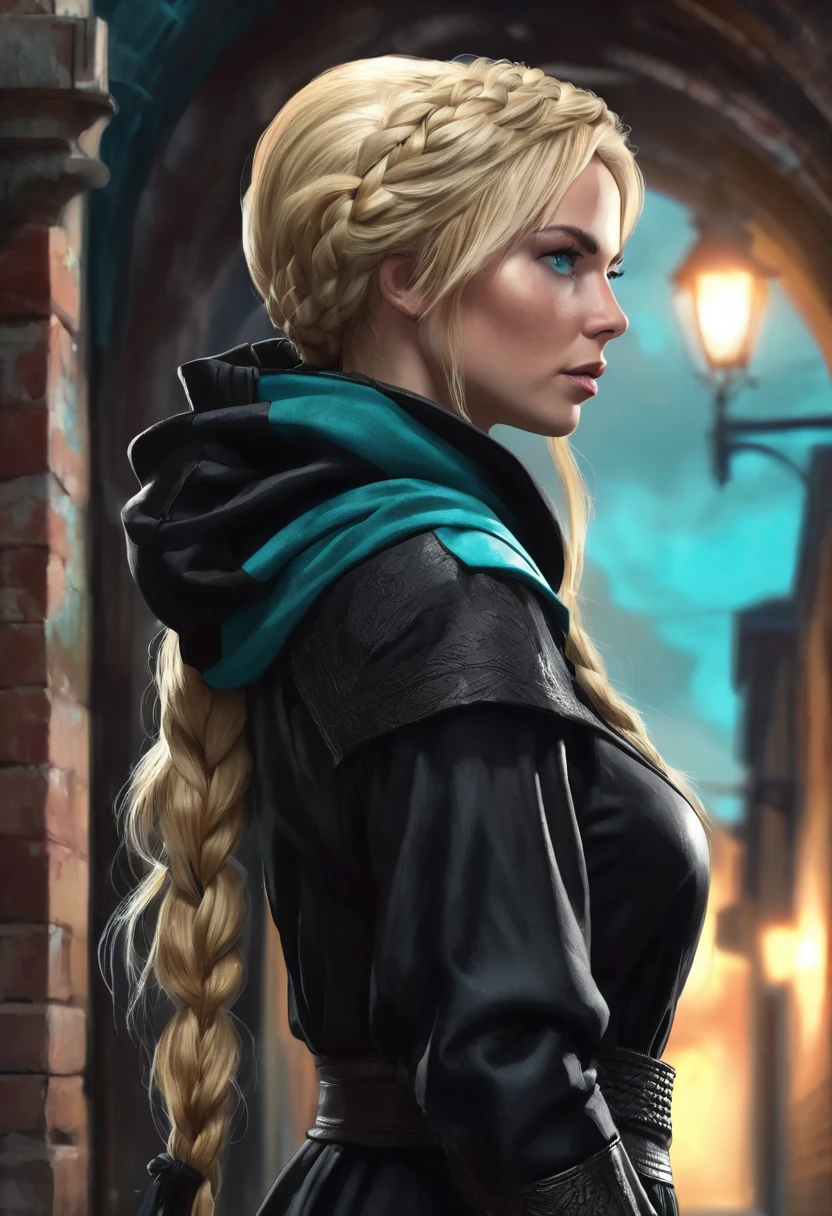 1 woman, inside a dark alley, wearing an all black medieval spy outfit with a hood on her head, feminine turquoise eyes, clear and detailed skin, blonde hair in a single braid, dramatic lighting, cinematic composition, somber palette, dark colors, atmospheric haze, thin chin, soft face, serious face, beautiful woman, adult woman, ultra realistic, profile picture, adult woman (best quality, 4K, 8K, high resolution, art: 1.2), ultra detailed (realistic, photorealistic, photorealistic: 1.37)